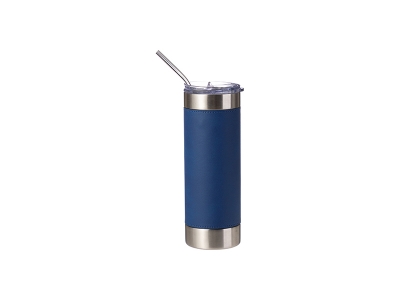 Laserable Blanks 20oz/600ml PU Leather Sleeve Stainless Steel Skinny Tumbler(Dark Blue/Silver)